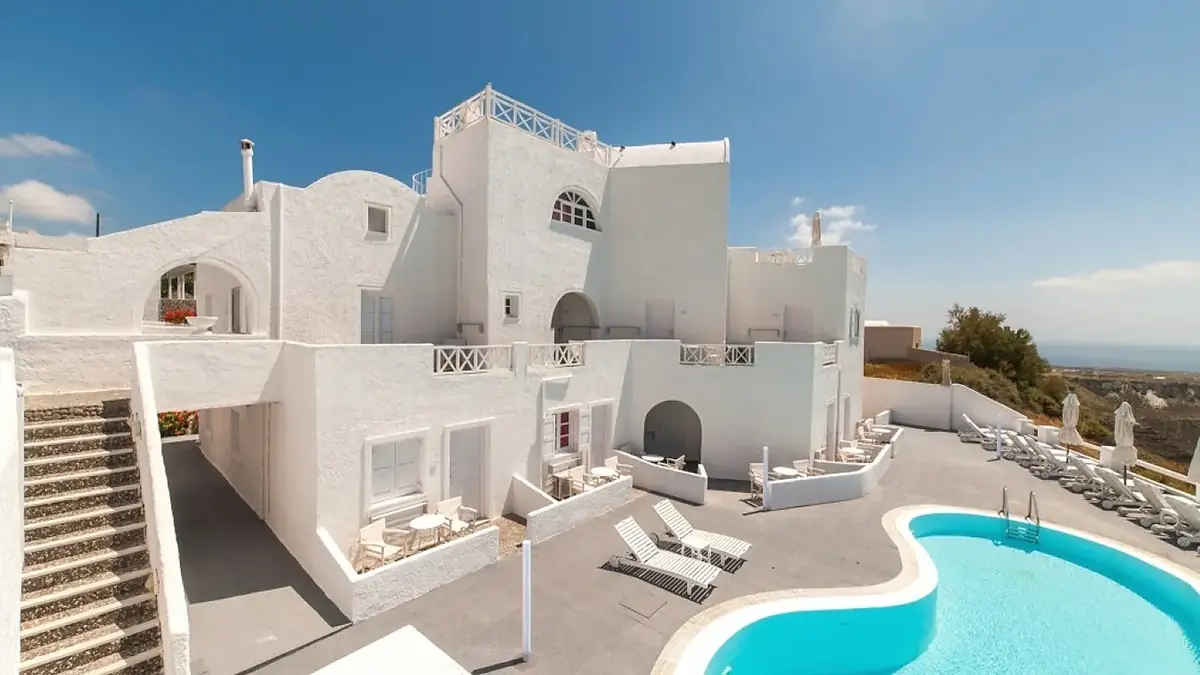 Pool terrace at Artemis Suites looking out over the Santorini caldera
