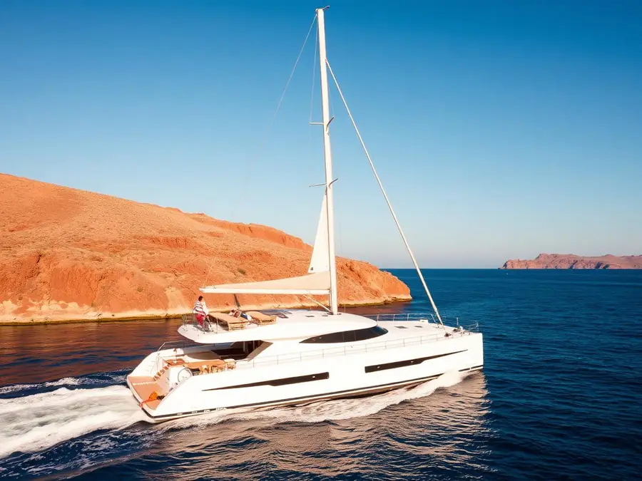Catamaran sailing along the Santorini caldera at sunset