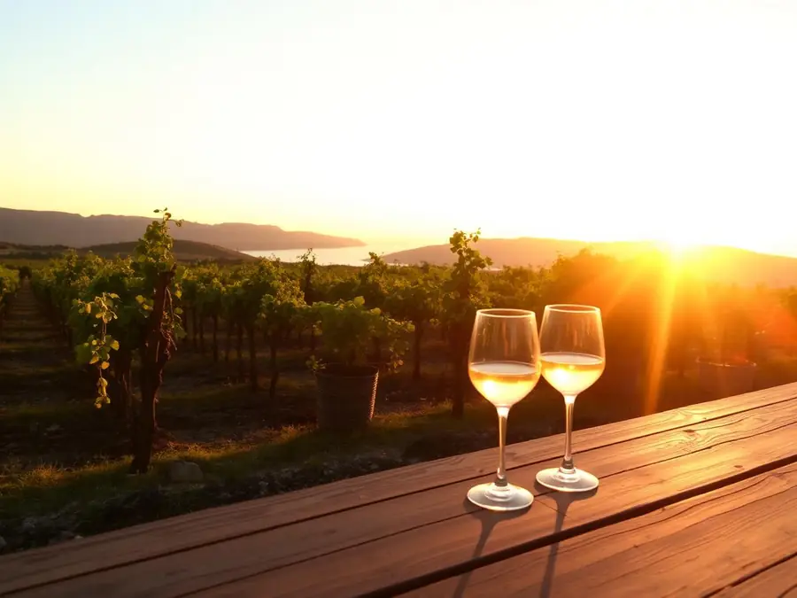 Wine glasses overlooking a Santorini vineyard at sunset