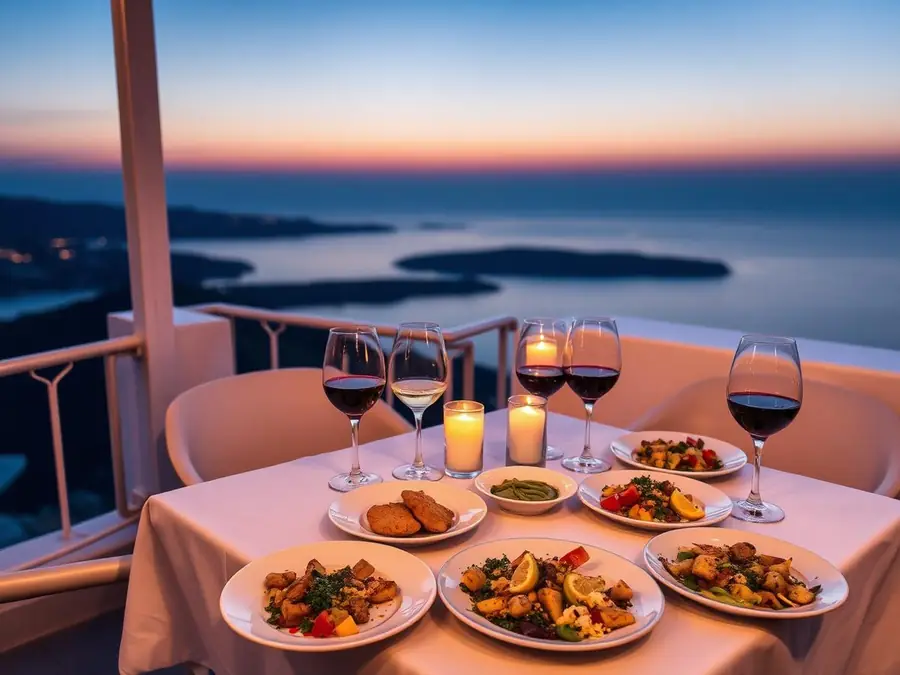 Candlelit dinner table on a terrace overlooking the sea at dusk
