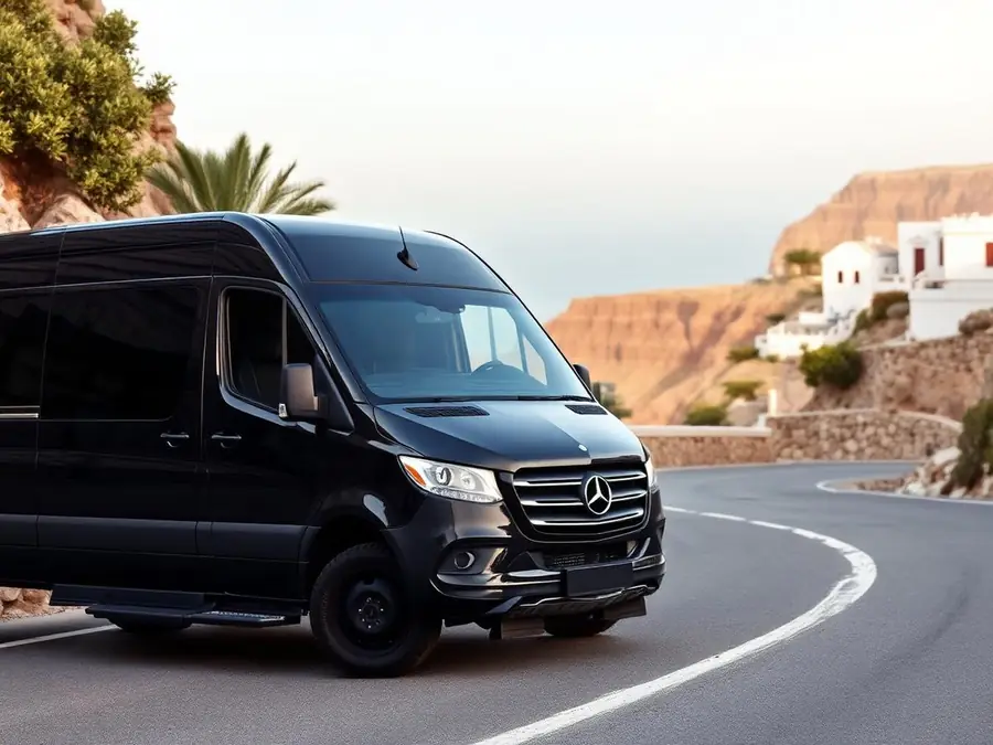 Private transfer van on a Santorini road