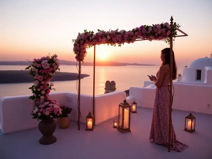 Romantic terrace set up above the caldera at sunset