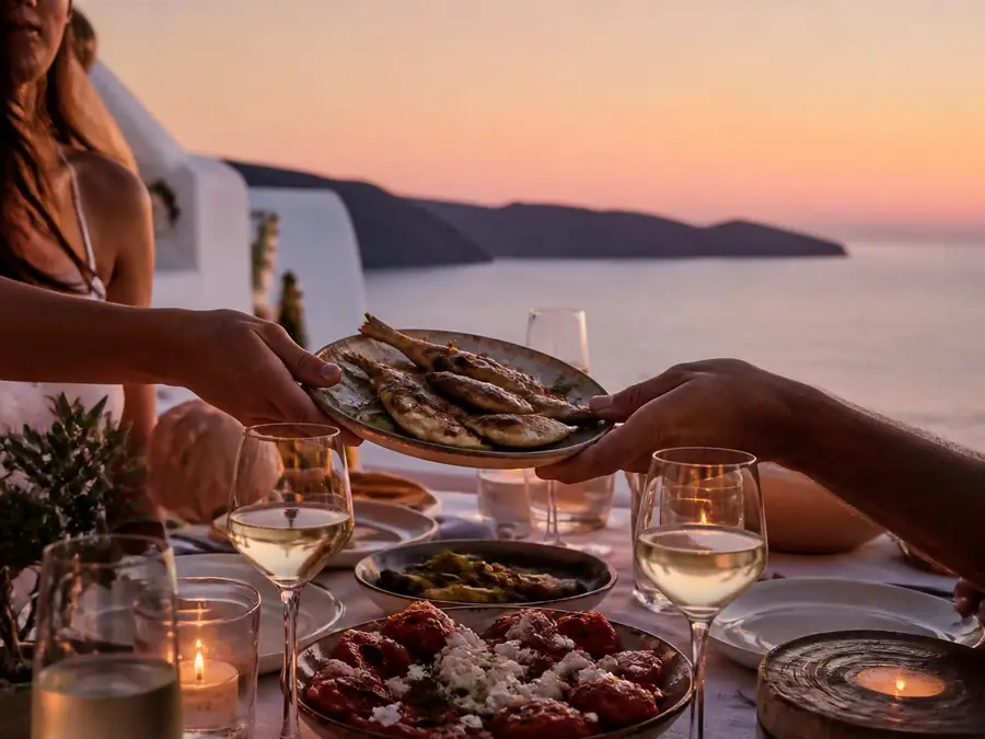 Traditional Greek dishes prepared on a rustic table