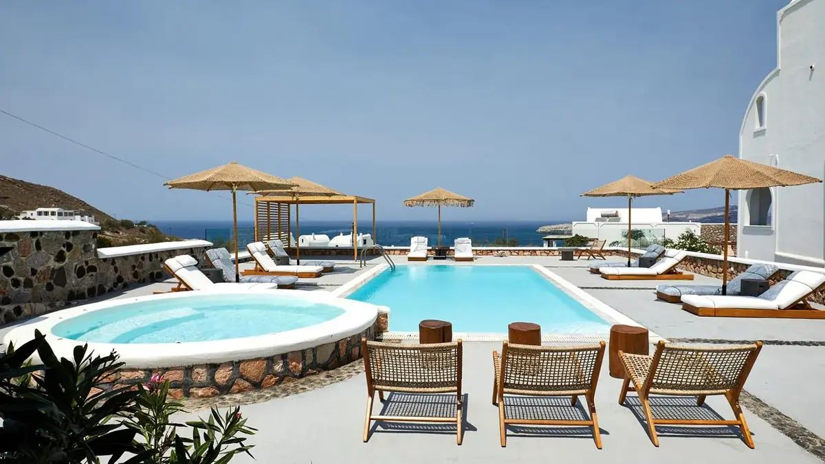 Sea view from the pool terrace at Nuvia Suites in Akrotiri
