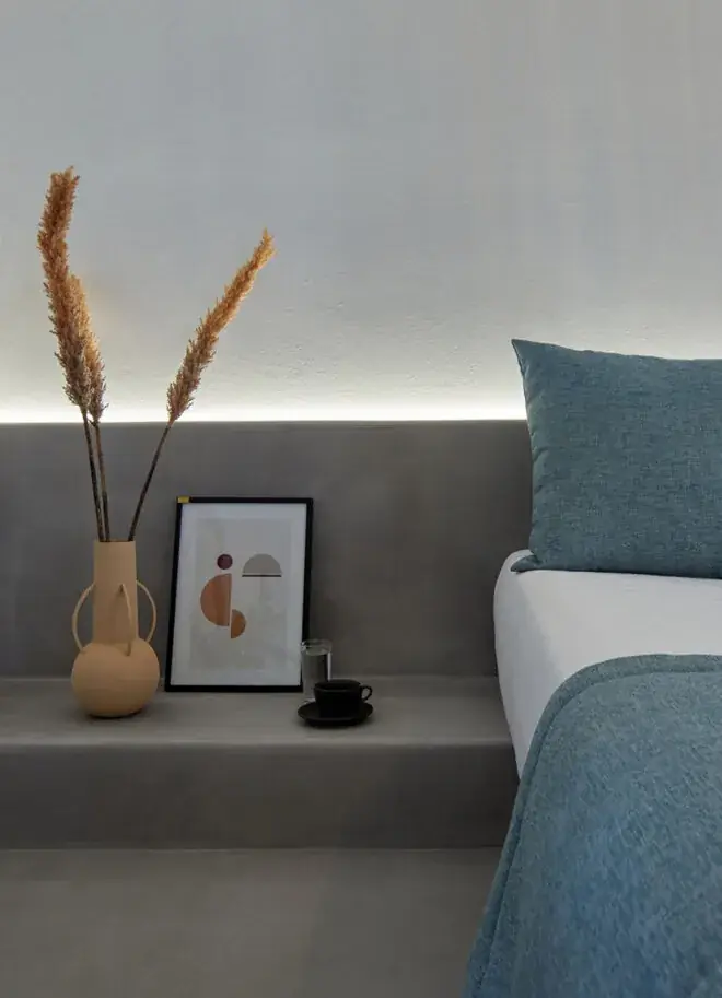 Suite interior at Nuvia Suites with contemporary Cycladic styling