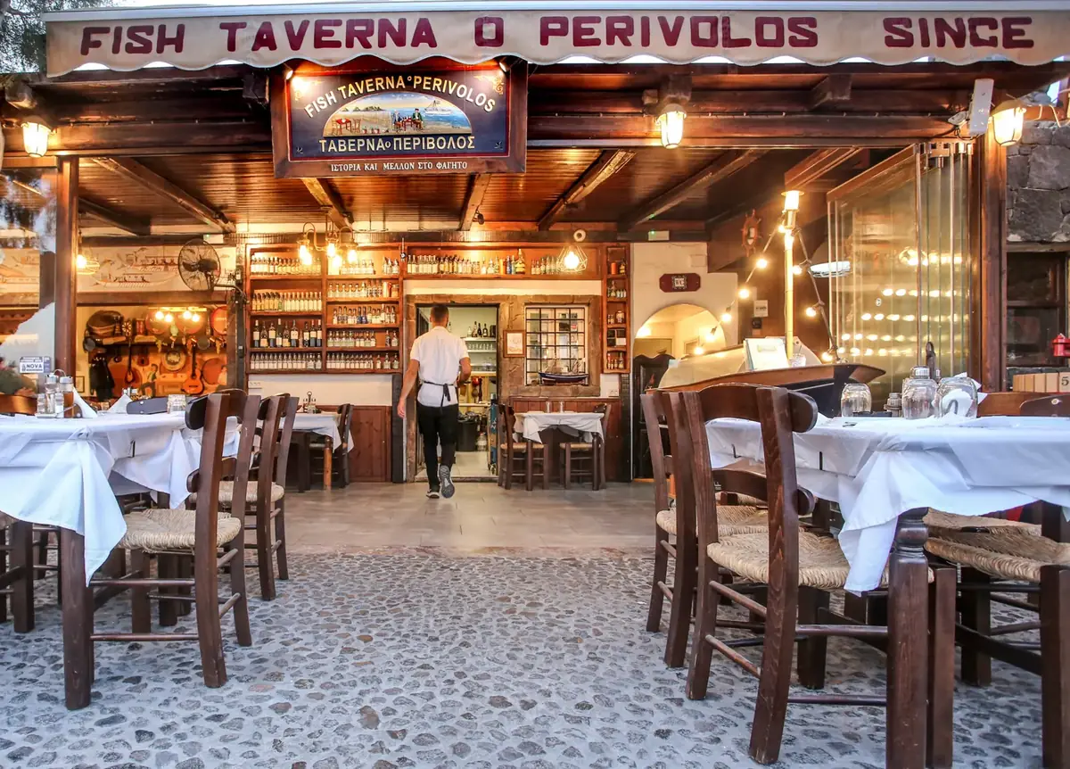 Beachfront dining room at Fish Tavern O Perivolos on Perivolos Beach